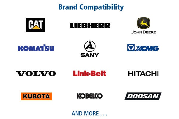 Compatible with Cat, Deere, Hitachi, Komatsu, Volvo, Kubota, and more